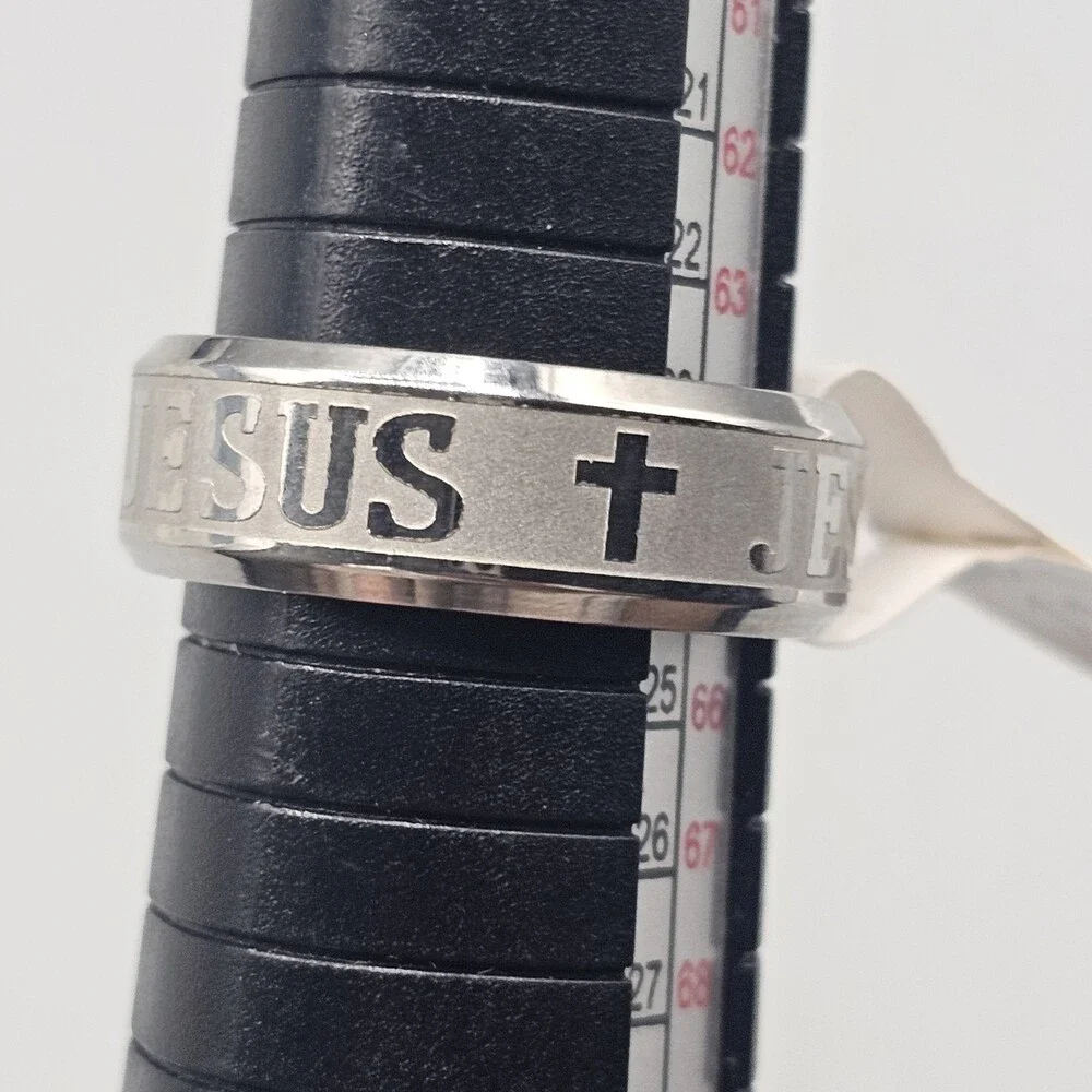 Jesus Mens Ring Silver Tone Size 11 Stainless Steel Cross Religious Christian